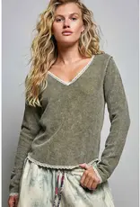 Vintage Washing Solid Stitch Overlock Trim Knit Top