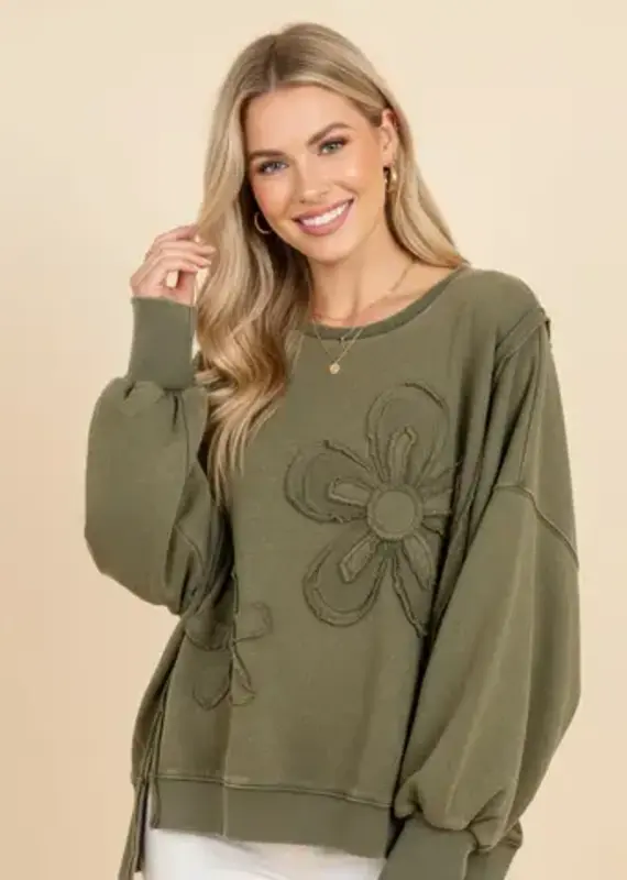 Floral Applique Puff Sleeve Sweatshirt