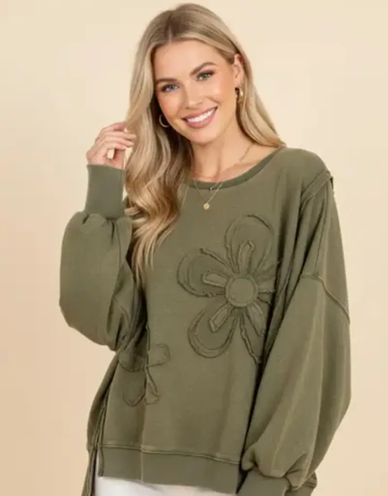 Floral Applique Puff Sleeve Sweatshirt