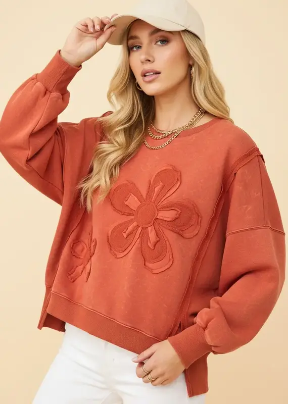 Floral Applique Puff Sleeve Sweatshirt