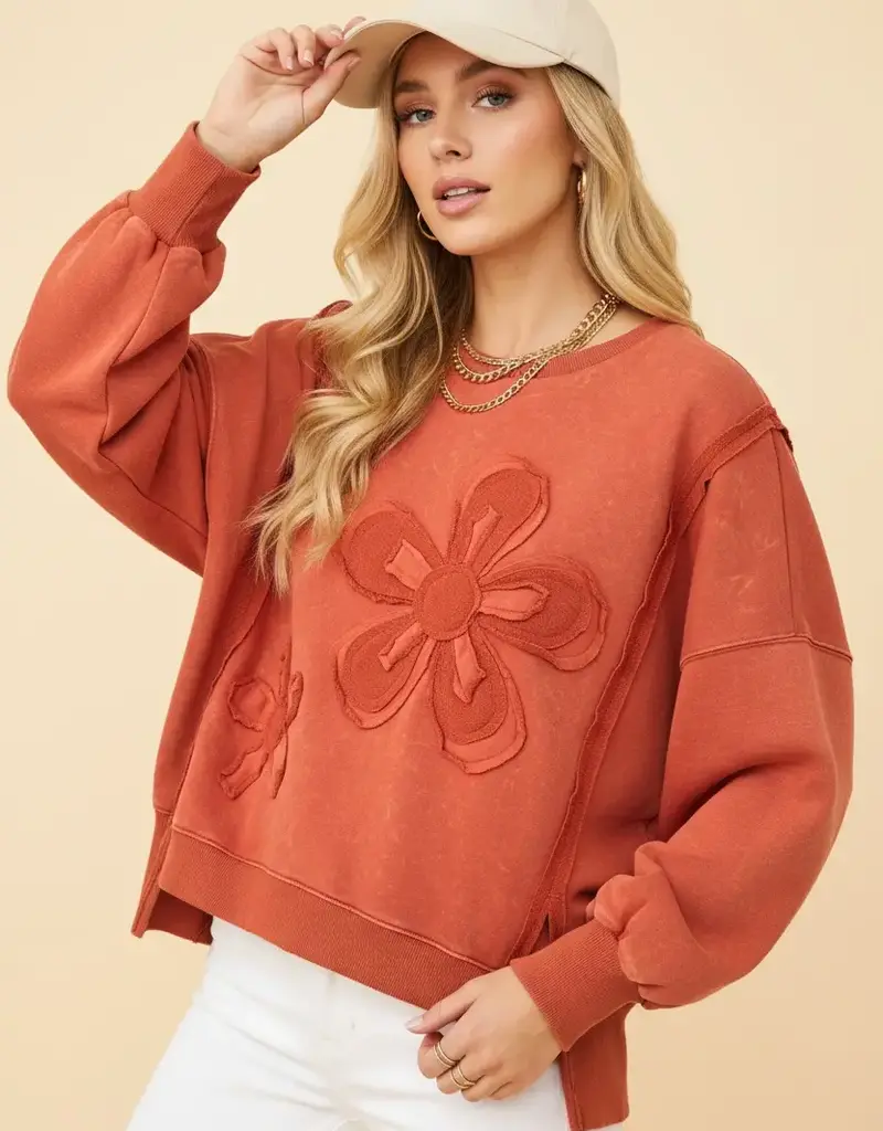 Floral Applique Puff Sleeve Sweatshirt