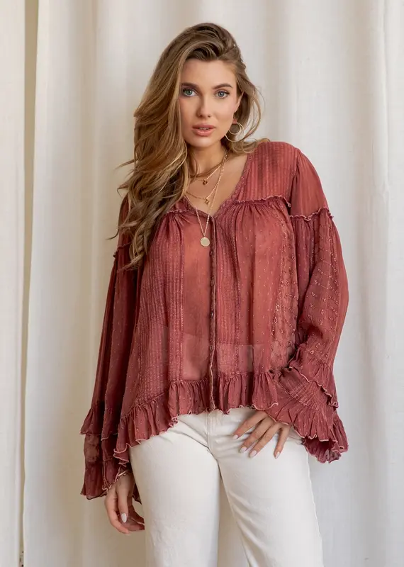 Dreamy Sheer V-Neck Ruffled Button-Front Top