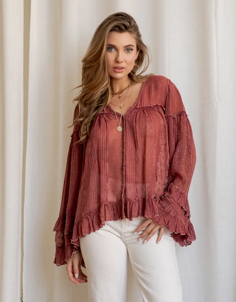 Dreamy Sheer V-Neck Ruffled Button-Front Top