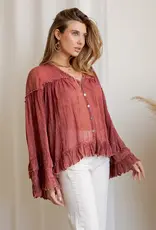 Dreamy Sheer V-Neck Ruffled Button-Front Top