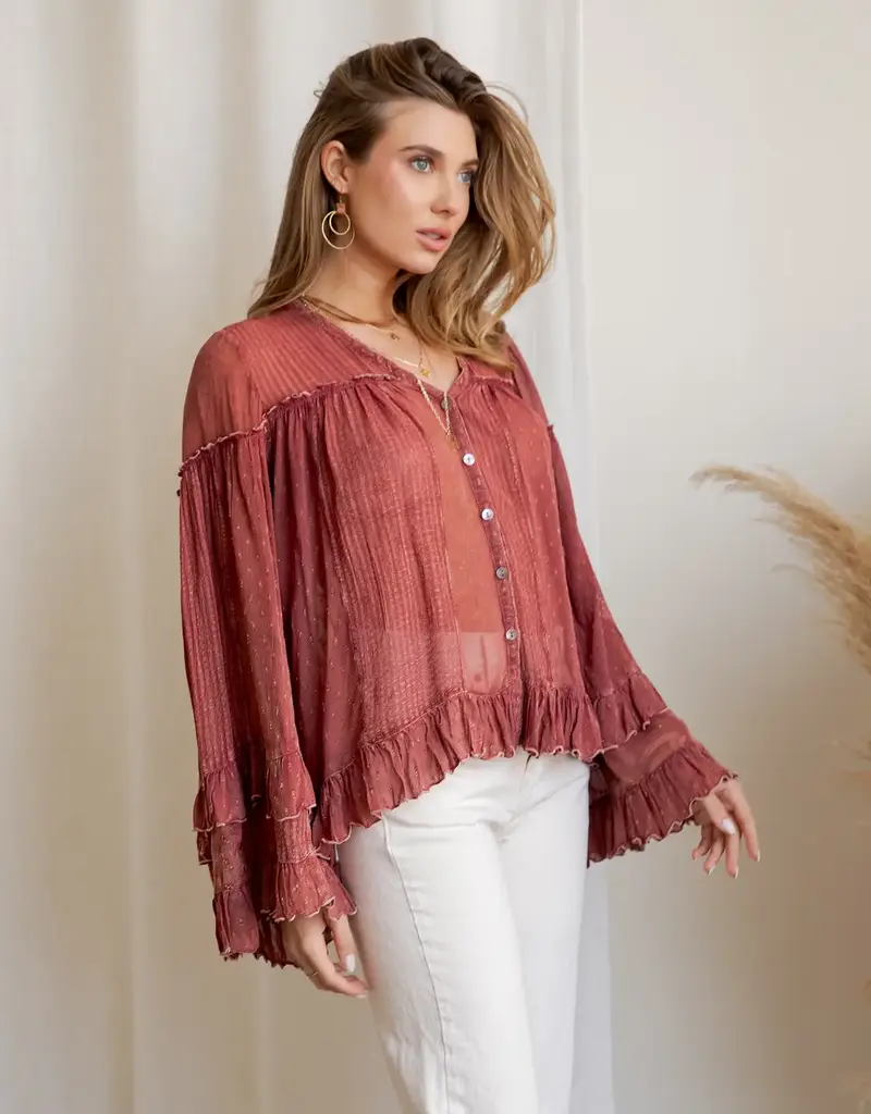 Dreamy Sheer V-Neck Ruffled Button-Front Top