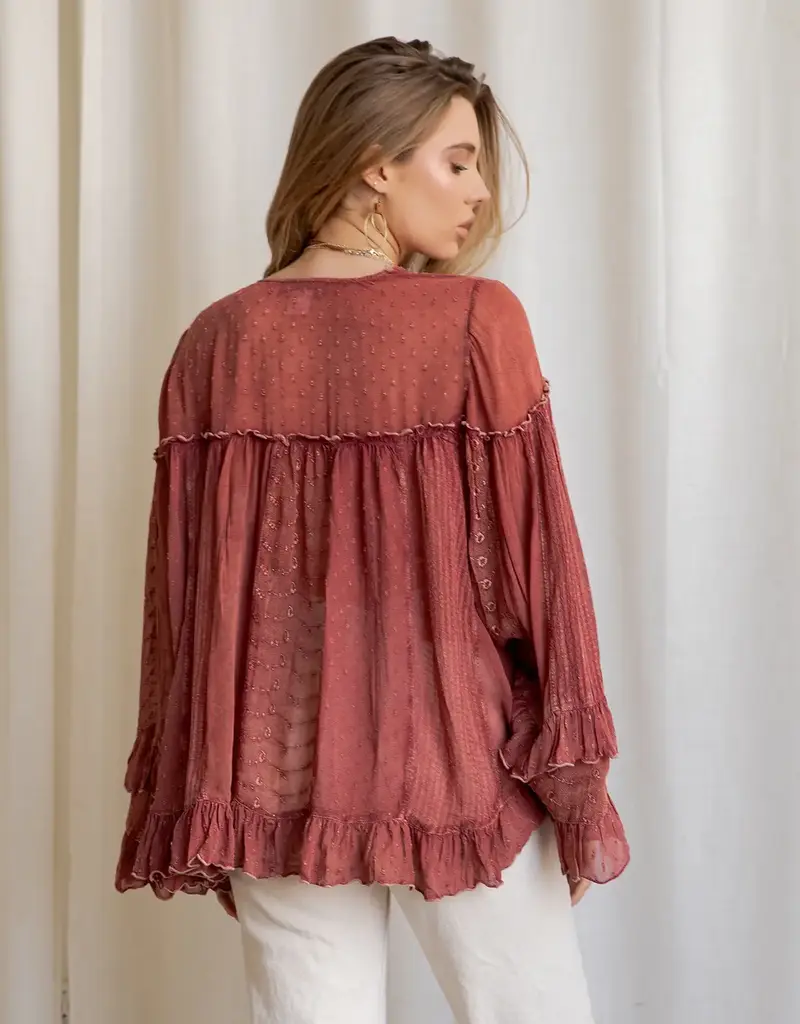 Dreamy Sheer V-Neck Ruffled Button-Front Top