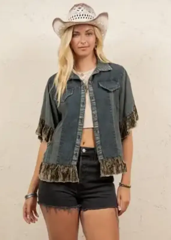 Boho Denim Top/Jacket With Ruffle Hem