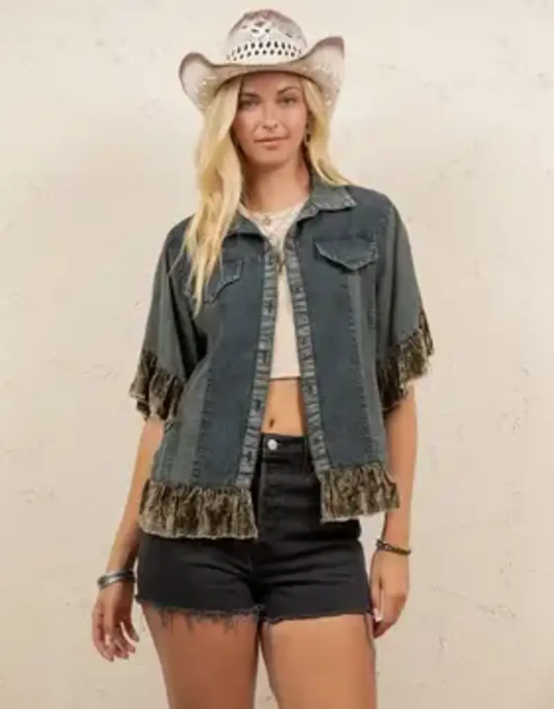 Boho Denim Top/Jacket With Ruffle Hem
