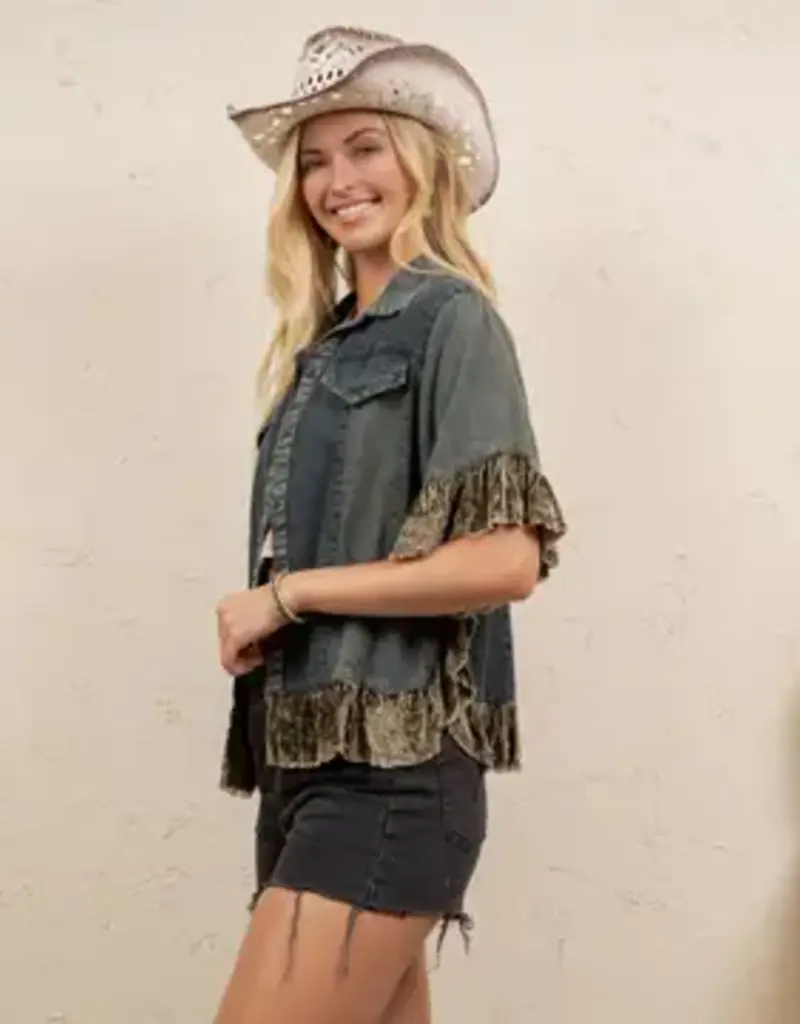 Boho Denim Top/Jacket With Ruffle Hem