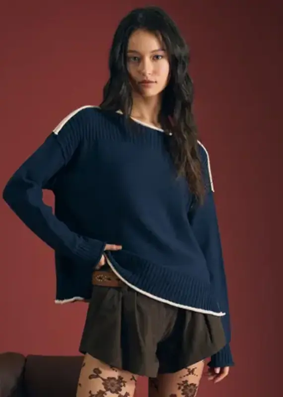 Rebecca Contrast Trim Boat Neck Ribbed Detail Sweater