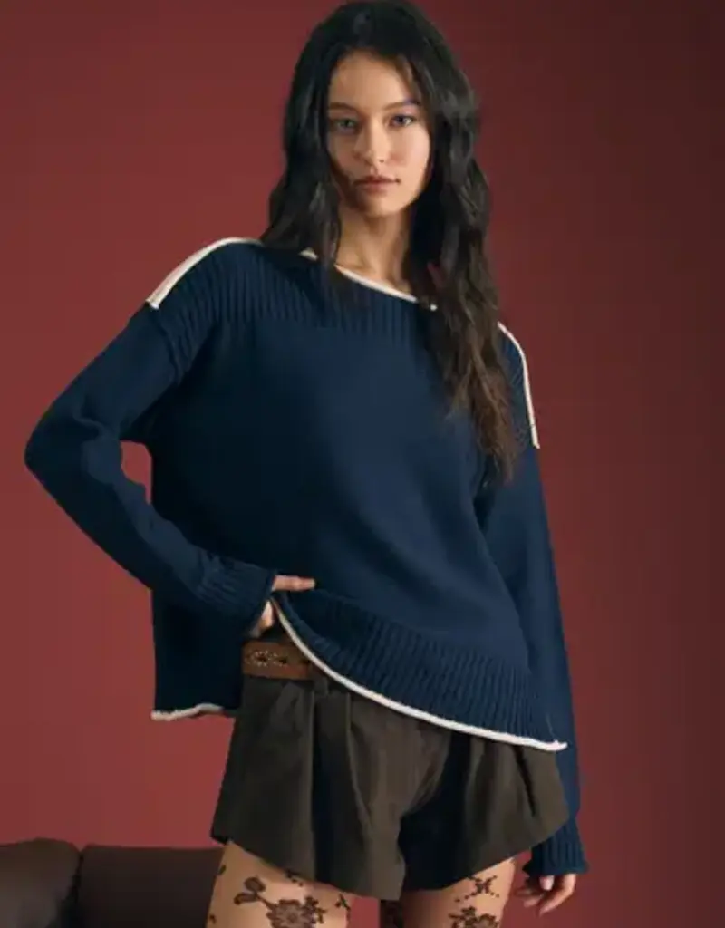 Rebecca Contrast Trim Boat Neck Ribbed Detail Sweater