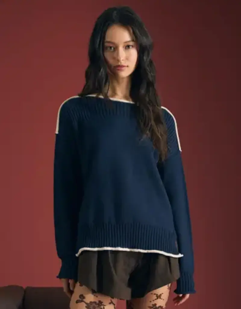 Rebecca Contrast Trim Boat Neck Ribbed Detail Sweater