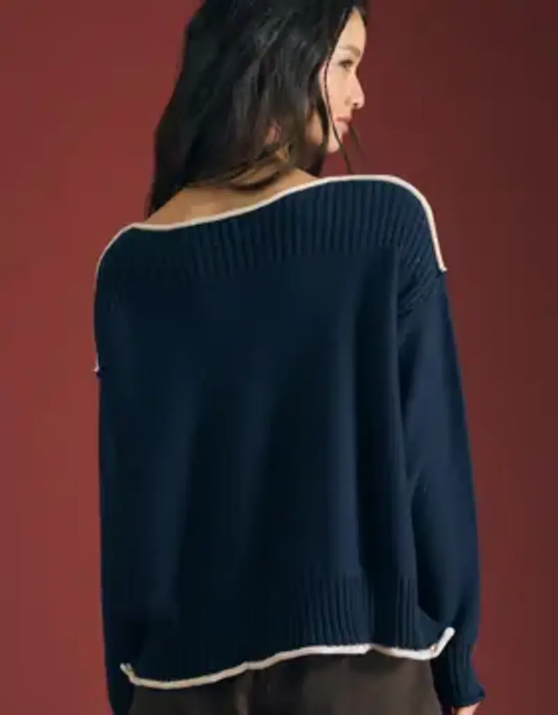Rebecca Contrast Trim Boat Neck Ribbed Detail Sweater