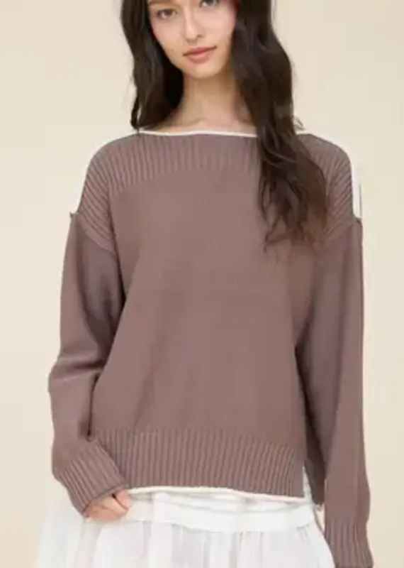 Rebecca Contrast Trim Boat Neck Ribbed Detail Sweater