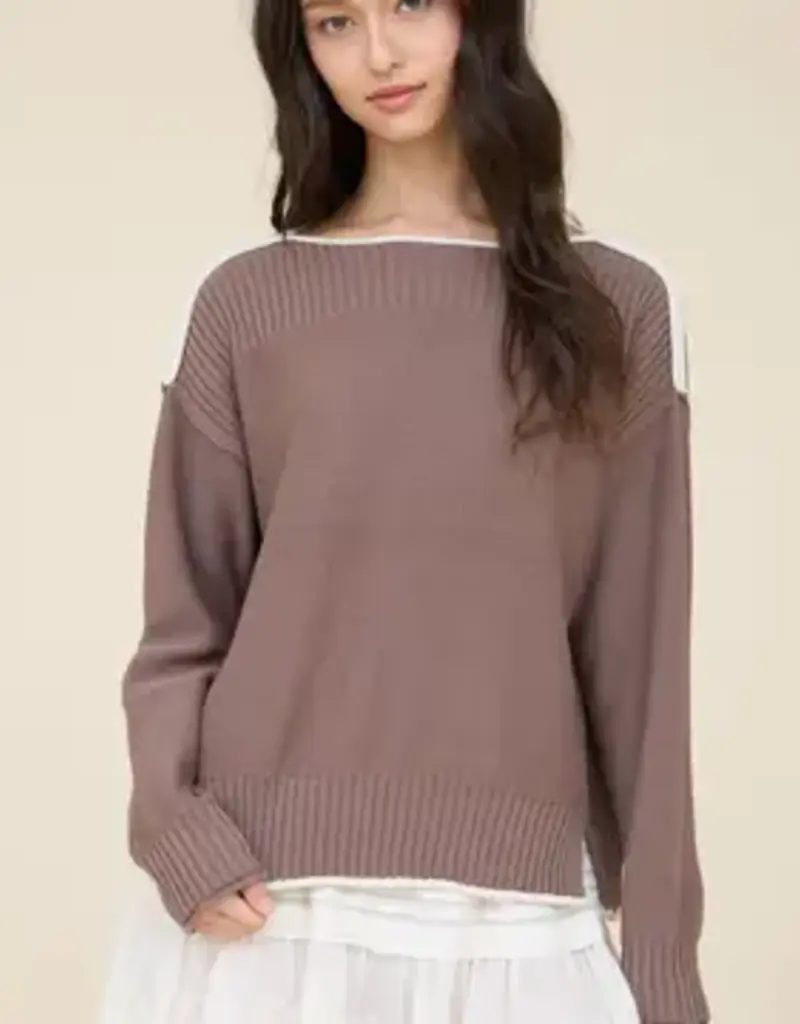 Rebecca Contrast Trim Boat Neck Ribbed Detail Sweater