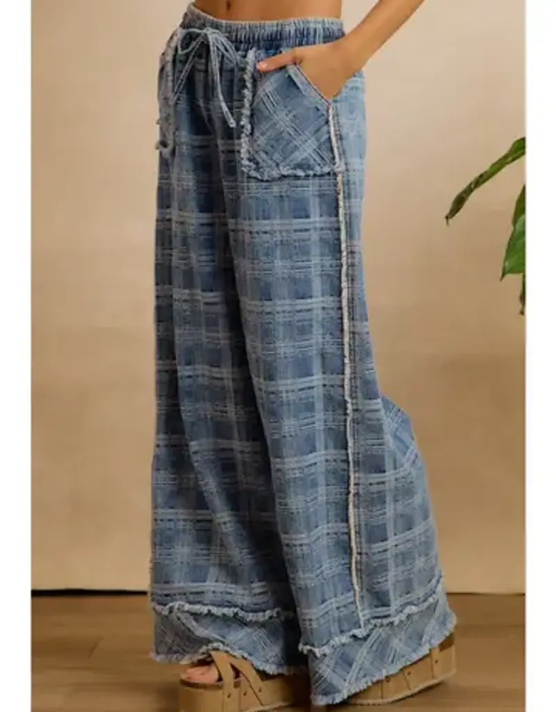 Frayed Detail Plaid Wide Leg Jeans with Dual Pockets
