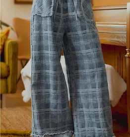 Frayed Detail Plaid Wide Leg Jeans with Dual Pockets