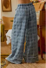 Frayed Detail Plaid Wide Leg Jeans with Dual Pockets