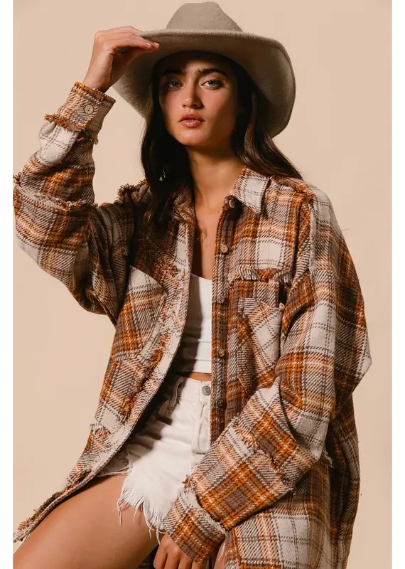 Elaine Plaid Woven Frayed Detail Shacket