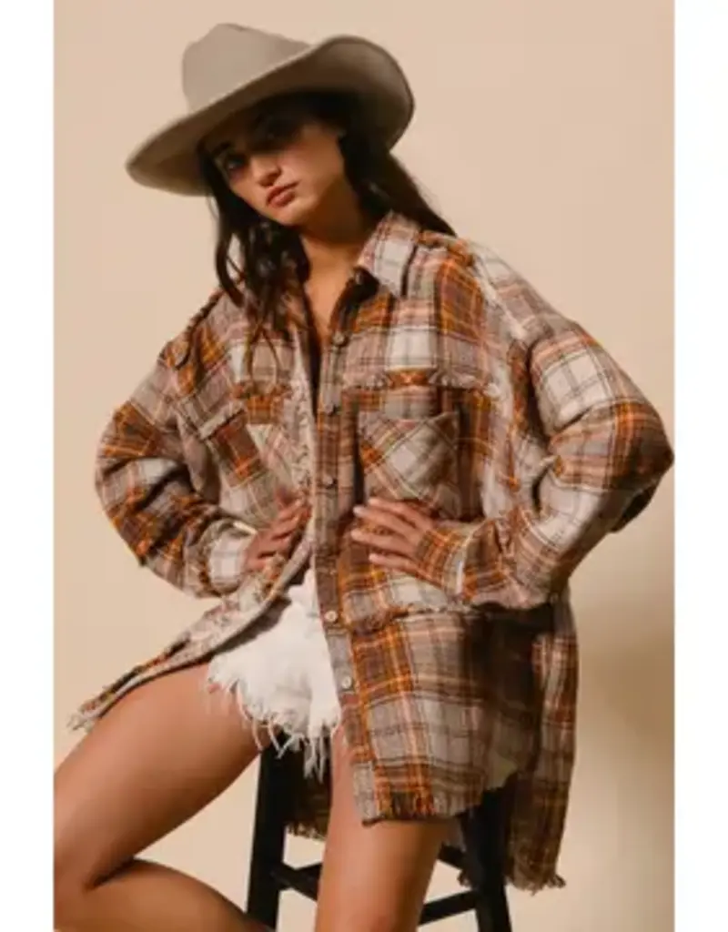 Elaine Plaid Woven Frayed Detail Shacket