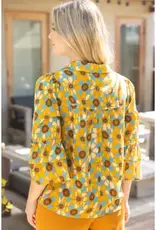 Stephanie Collared V-Neck Ruffled Sleeve Print Top