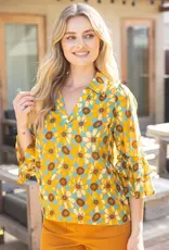 Stephanie Collared V-Neck Ruffled Sleeve Print Top