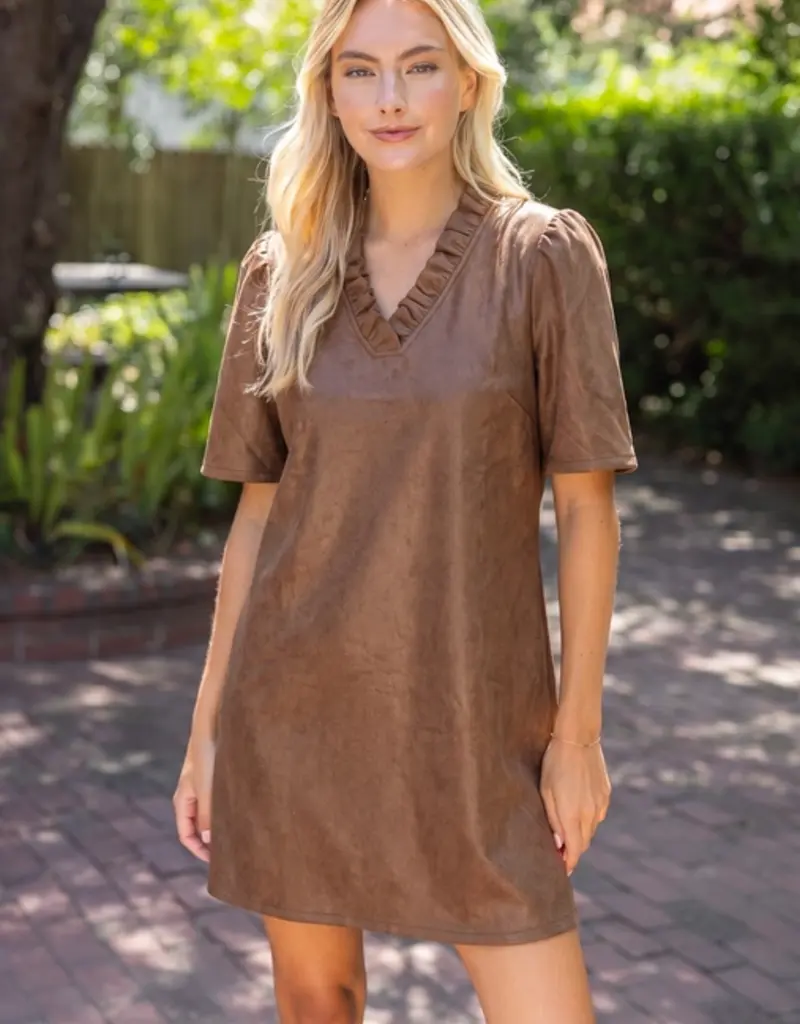 Rebecca Ruffled V-Neck Solid Faux Leather Dress