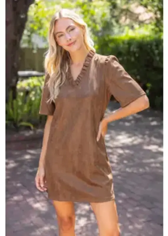 Rebecca Ruffled V-Neck Solid Faux Leather Dress