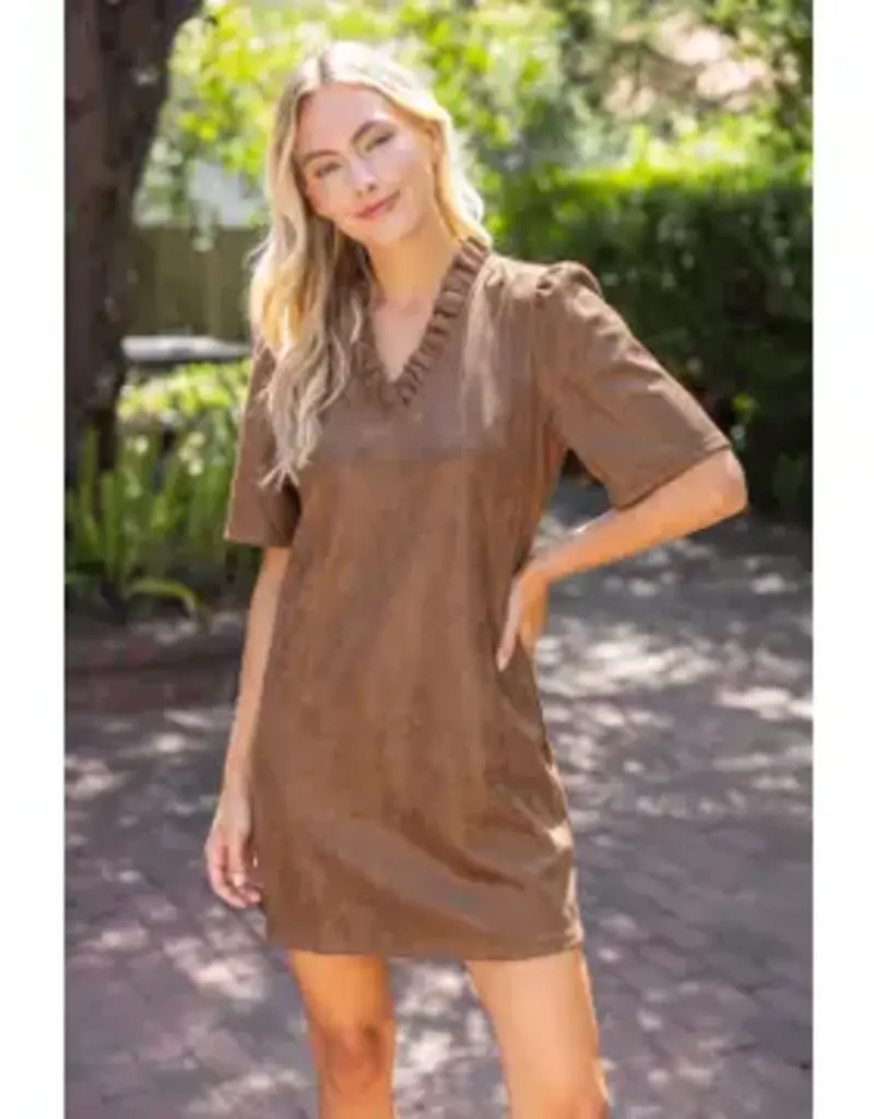 Rebecca Ruffled V-Neck Solid Faux Leather Dress