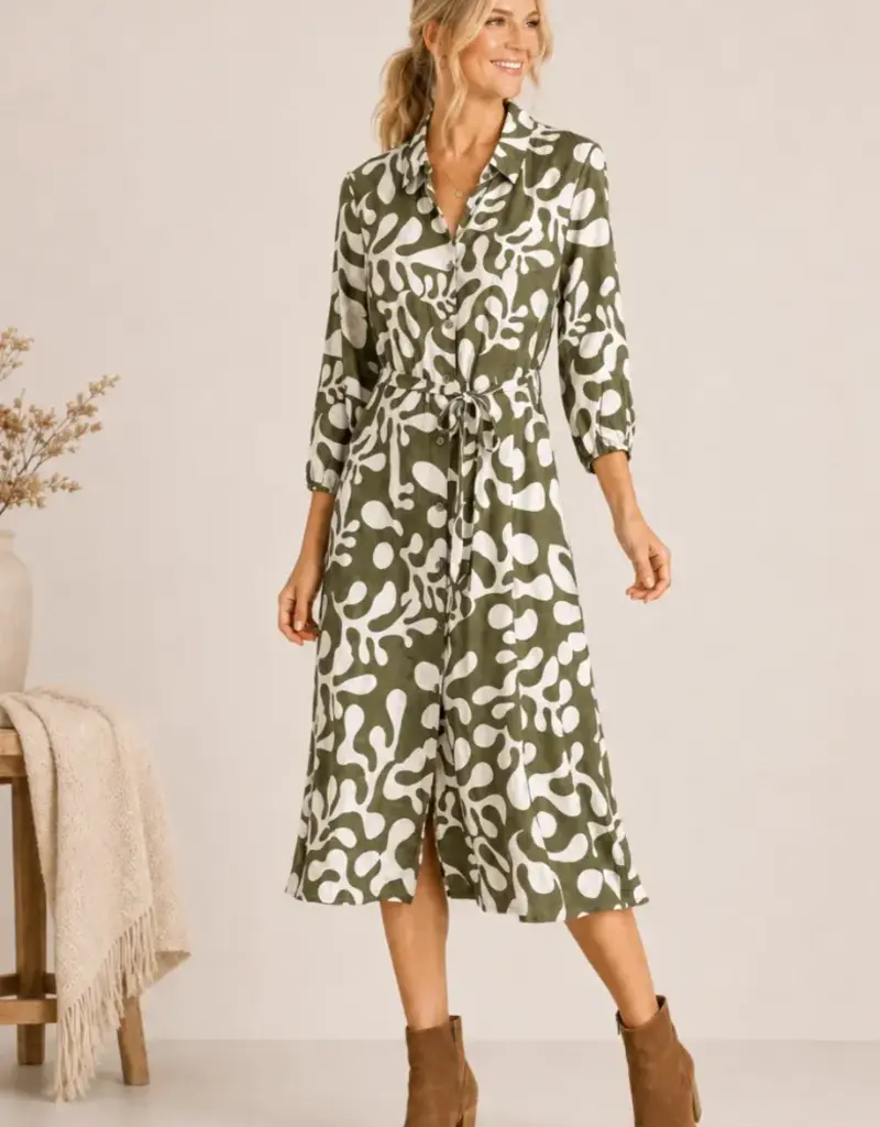 Linique Motif Johnny Collar Self Sash Dress