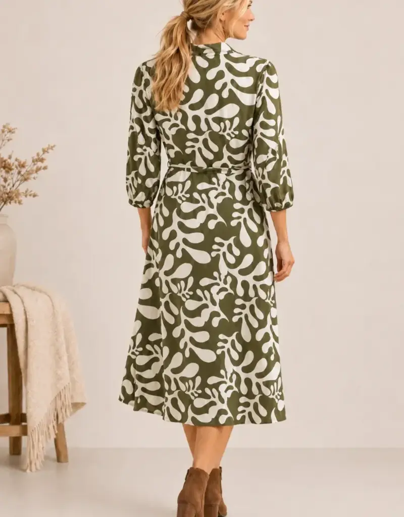Linique Motif Johnny Collar Self Sash Dress