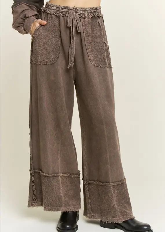 Mineral wash Wide Pants with Raw Hem Frayed