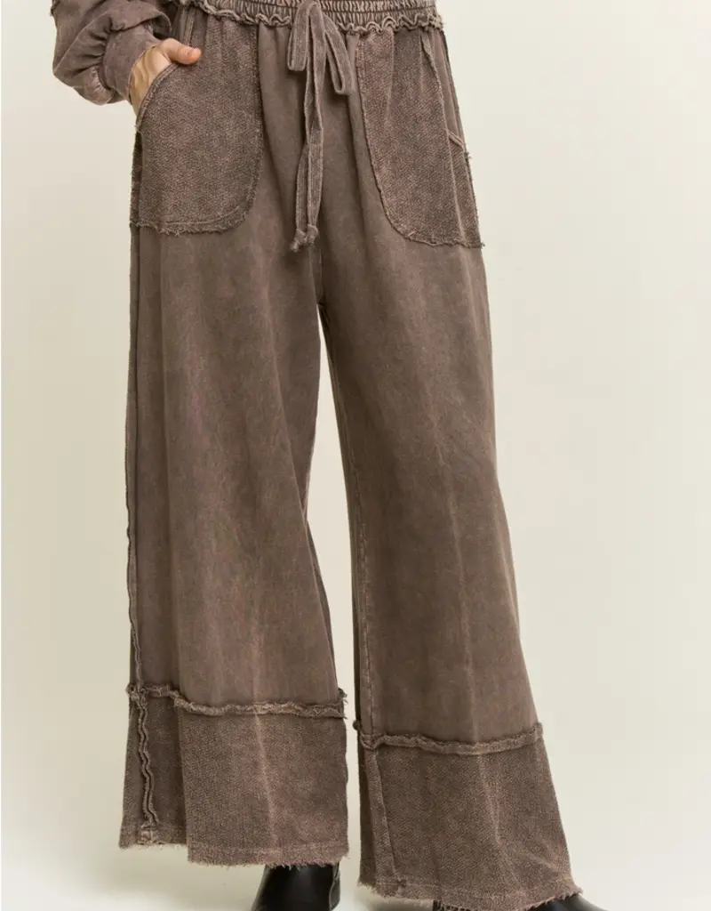 Mineral wash Wide Pants with Raw Hem Frayed