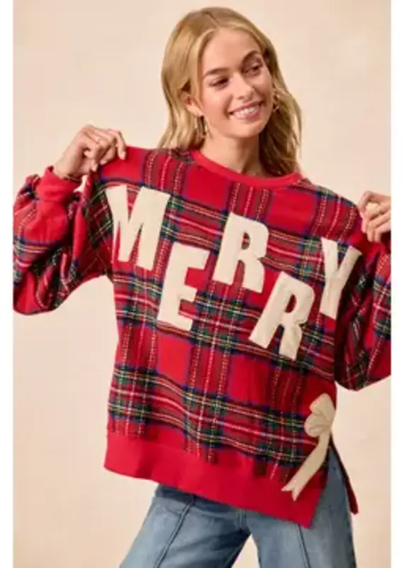Merry Side Bow Patches Christmas Plaid Sweatshirt