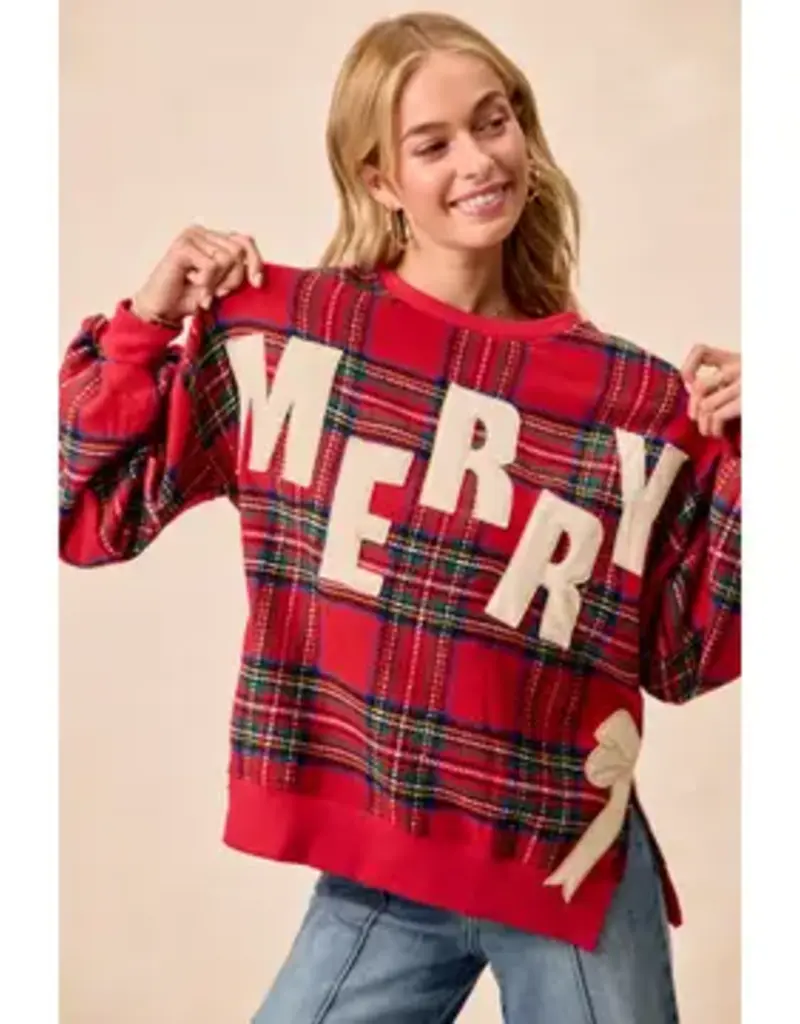 Merry Side Bow Patches Christmas Plaid Sweatshirt