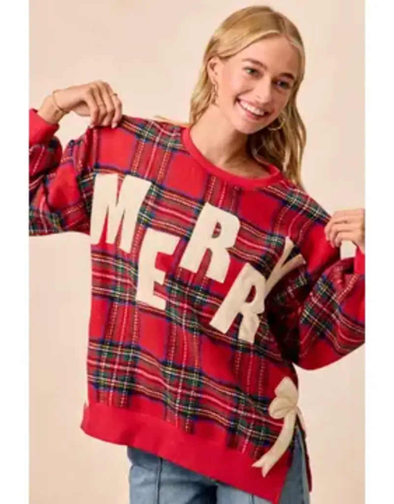 Merry Side Bow Patches Christmas Plaid Sweatshirt