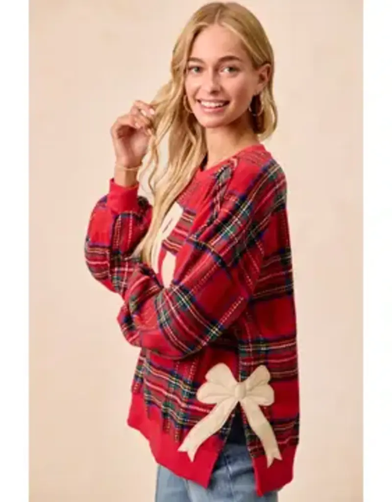 Merry Side Bow Patches Christmas Plaid Sweatshirt