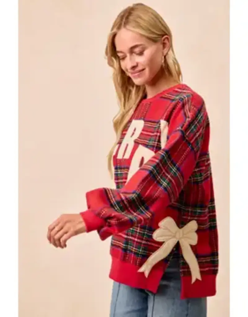 Merry Side Bow Patches Christmas Plaid Sweatshirt