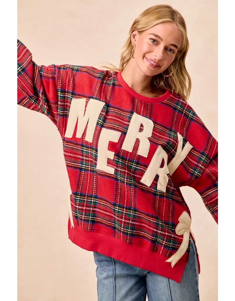 Merry Side Bow Patches Christmas Plaid Sweatshirt
