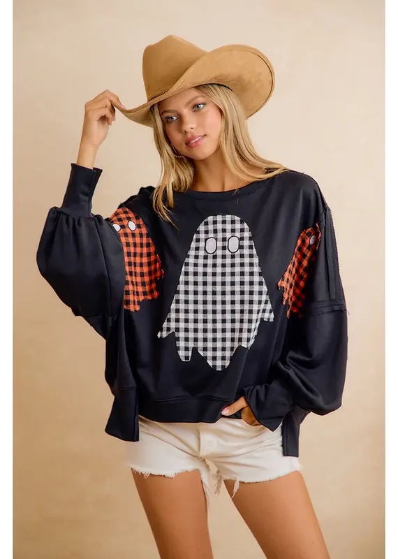 Oversized Plaid Ghost Applique Halloween Sweatshirt