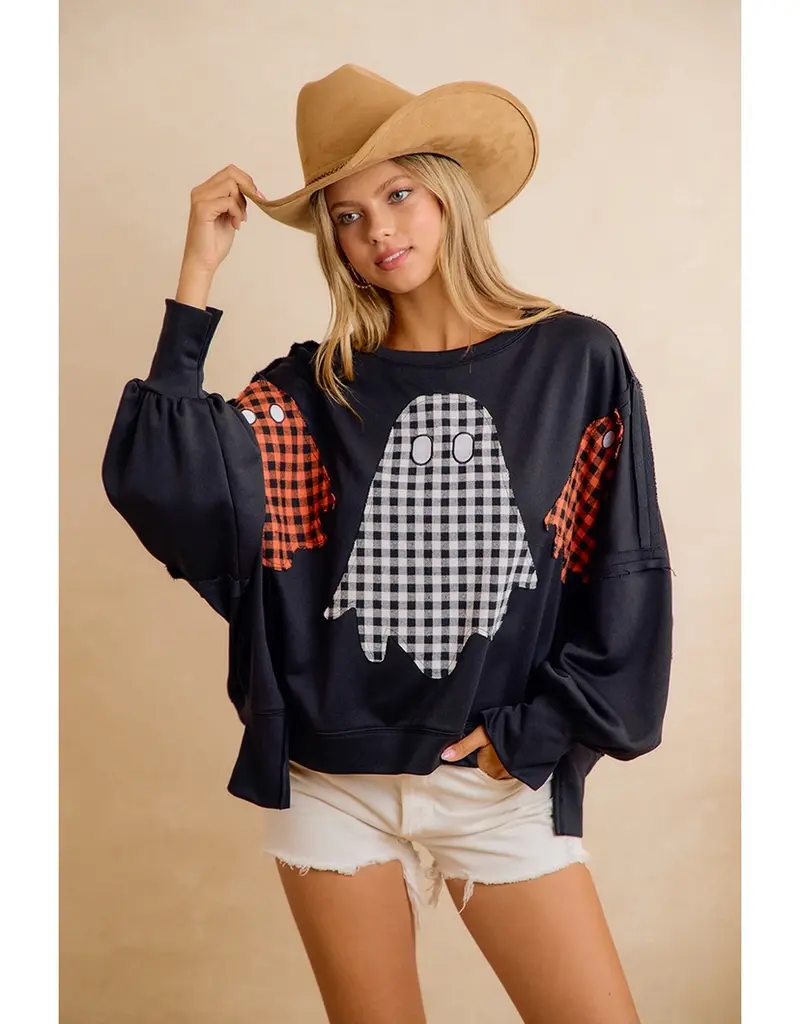 Oversized Plaid Ghost Applique Halloween Sweatshirt