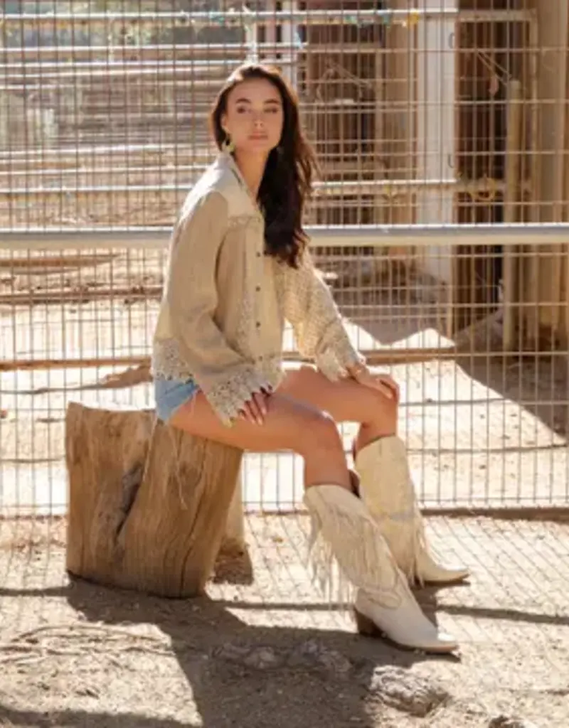 Blakely Boho Top With Lace Trim Hem & Cuffs