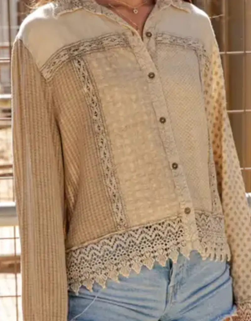 Blakely Boho Top With Lace Trim Hem & Cuffs