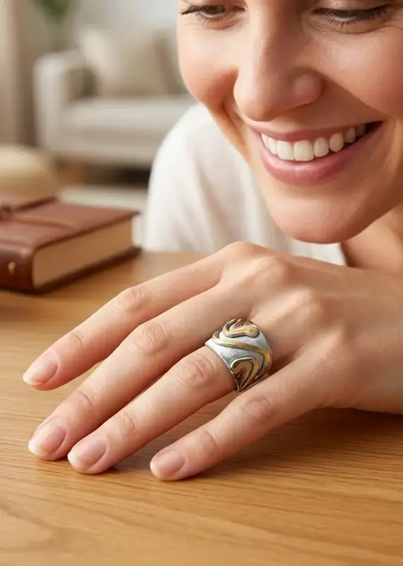 Copper Patina Handcrafted Ring - Ivory Chevron