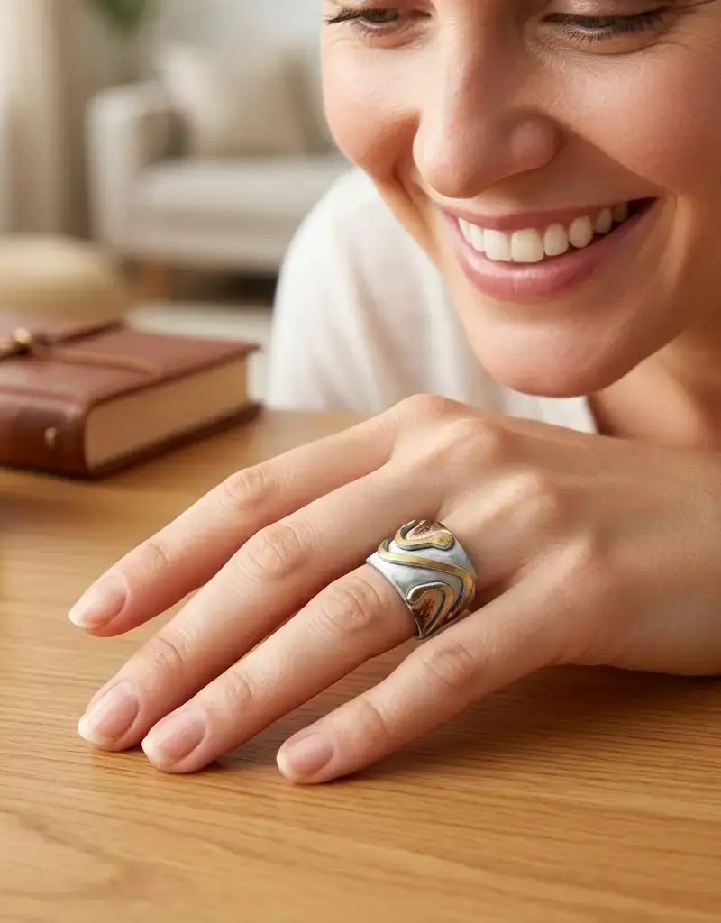 Copper Patina Handcrafted Ring - Ivory Chevron