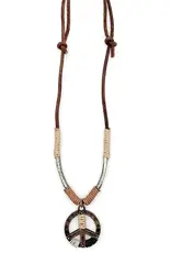 Brass Peace Sign Pendant Wrapped Cord Necklace