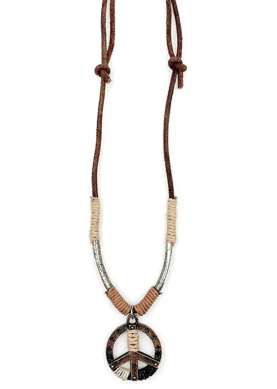 Brass Peace Sign Pendant Wrapped Cord Necklace