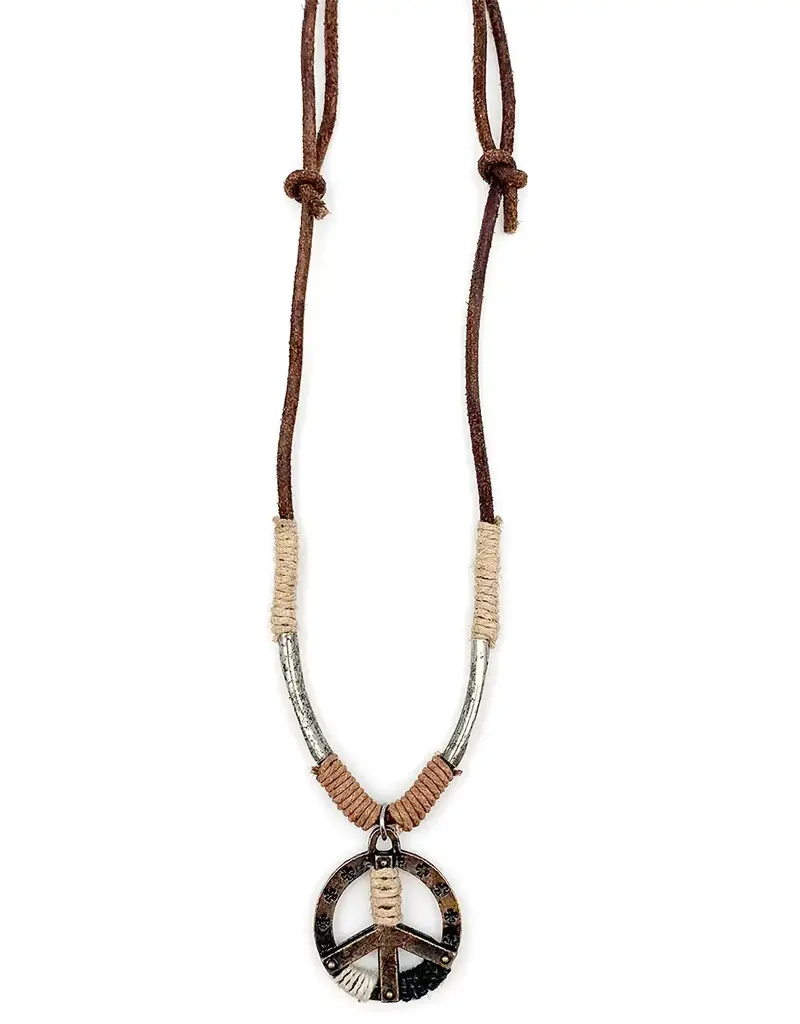 Brass Peace Sign Pendant Wrapped Cord Necklace