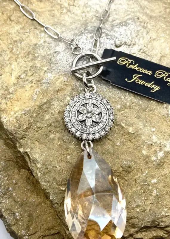 Boho Silver Floral Crystal Statement Charm Necklace