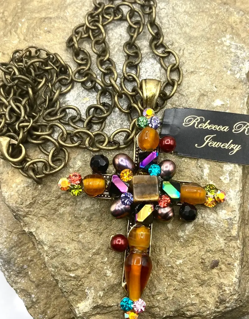 Vintage Chunky Cross with Gemstone Statement Necklace